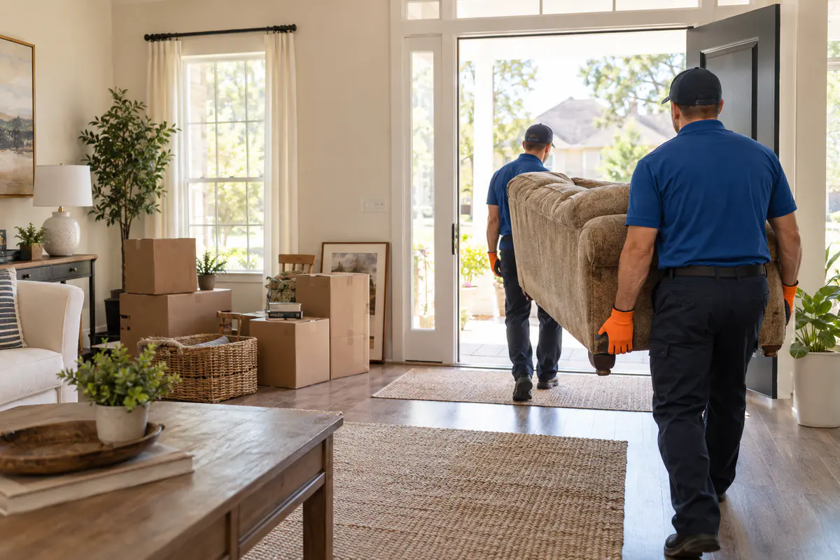 Workers carrying a sofa during a house cleanout